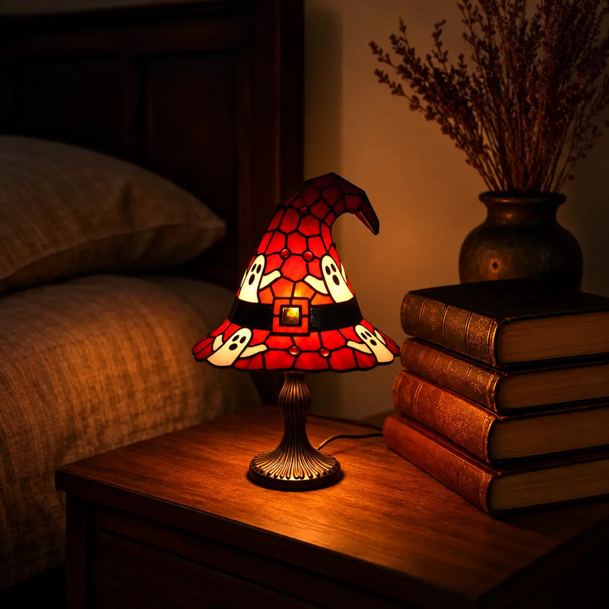 Lampe Chapeau de Sorcière Effet Vitrail – Veilleuse Halloween USB