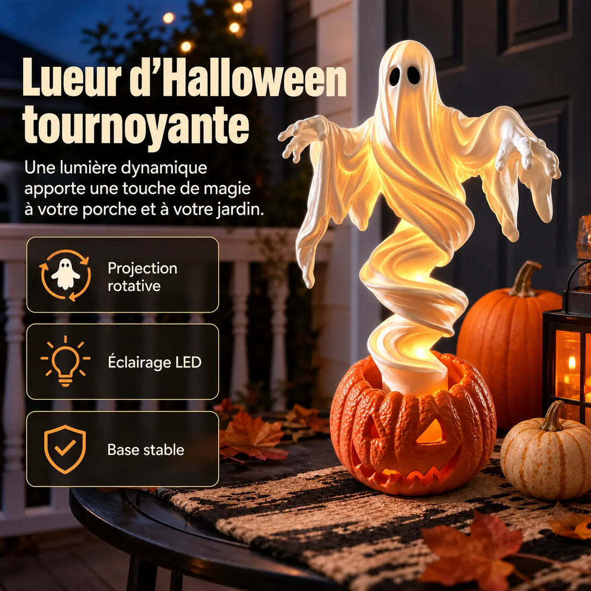 Lampe Halloween Fantôme et Citrouille Rotative – Décoration Jardin LED