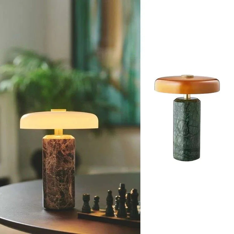 Lampe de Chevet Colonne en Marbre et Verre – Tactile et Rechargeable