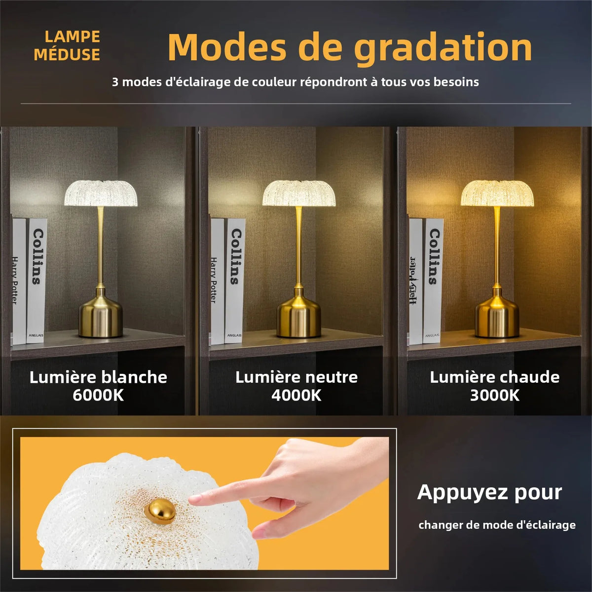 Lampe de Chevet Rétro Rechargeable Effet Laiton – Tactile, 3000 mAh