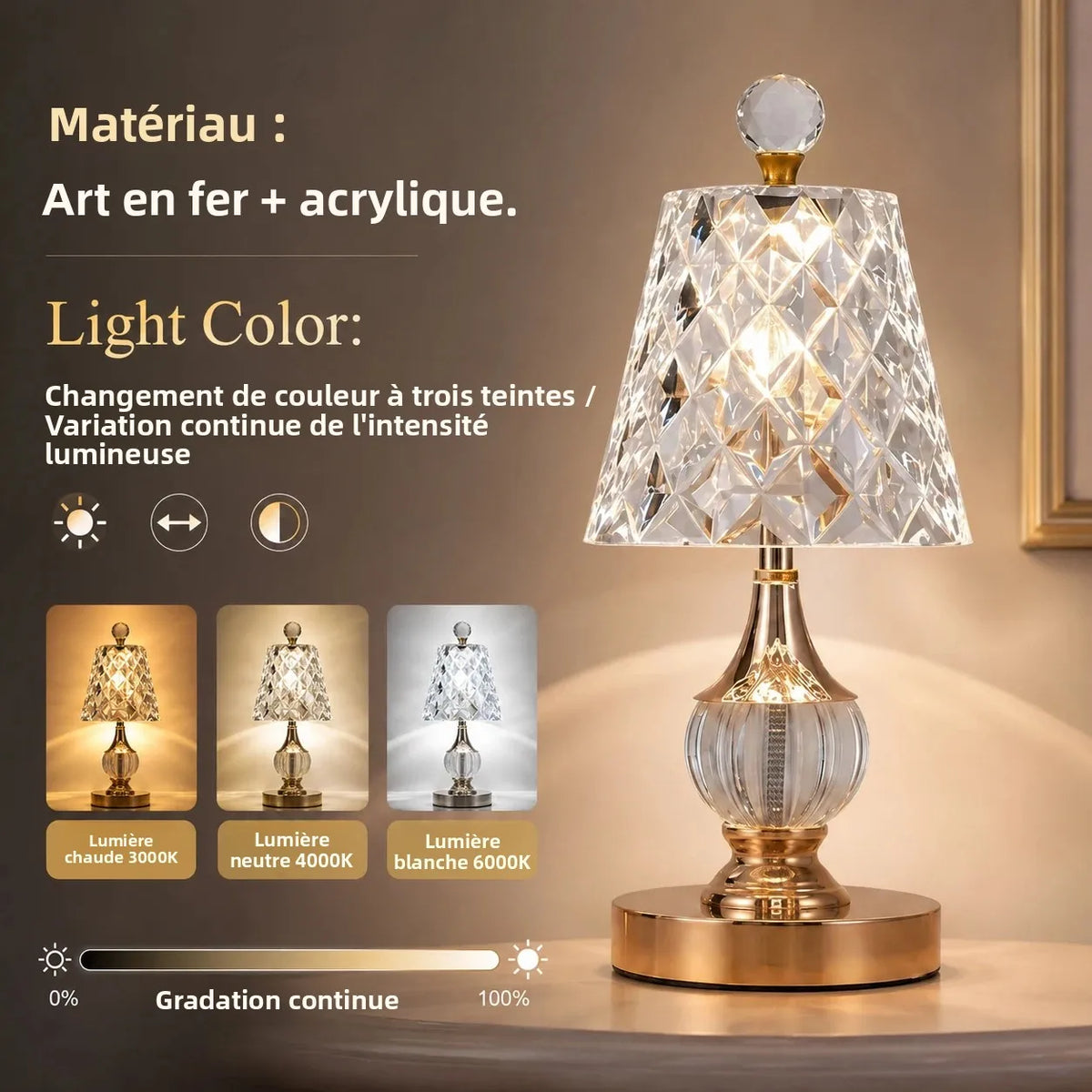 Lampe de Chevet Effet Cristal Rechargeable – Lampe Luxe Tactile à Intensité Réglable