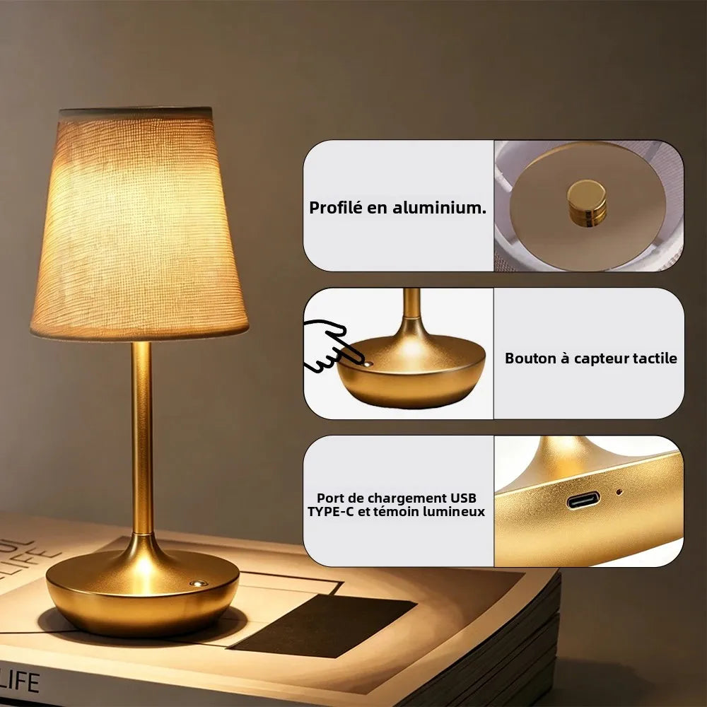 Lampe de chevet rétro rechargeable abat-jour tissu – vue 4
