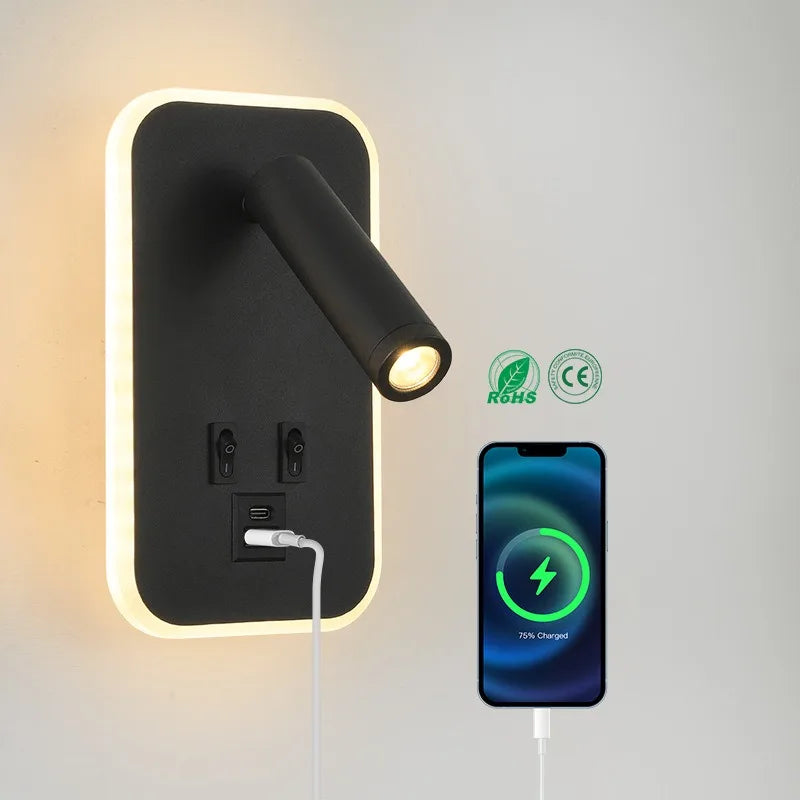 Applique Liseuse Murale LED avec Ports USB-C – Spot Orientable et Rétroéclairage