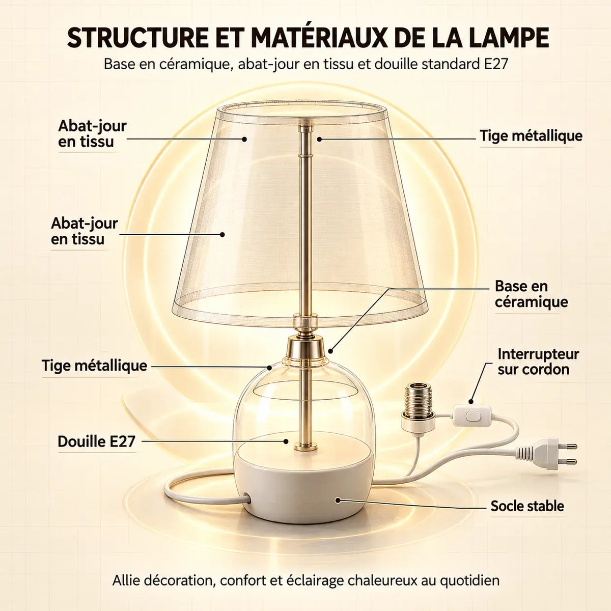 Petite Lampe de Chevet en Céramique Texturée et Abat-jour en Tissu