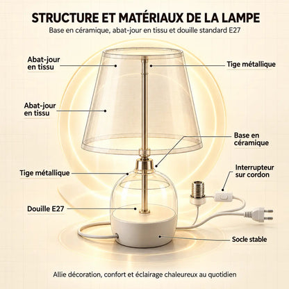 Petite Lampe de Chevet en Céramique Texturée et Abat-jour en Tissu