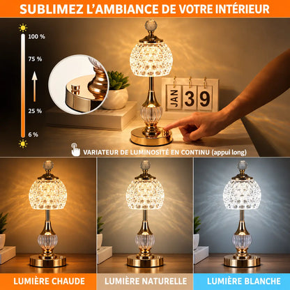 Lampe Cristal Sans Fil Rechargeable – Lampe Tactile 3 Teintes, Batterie 5200 mAh