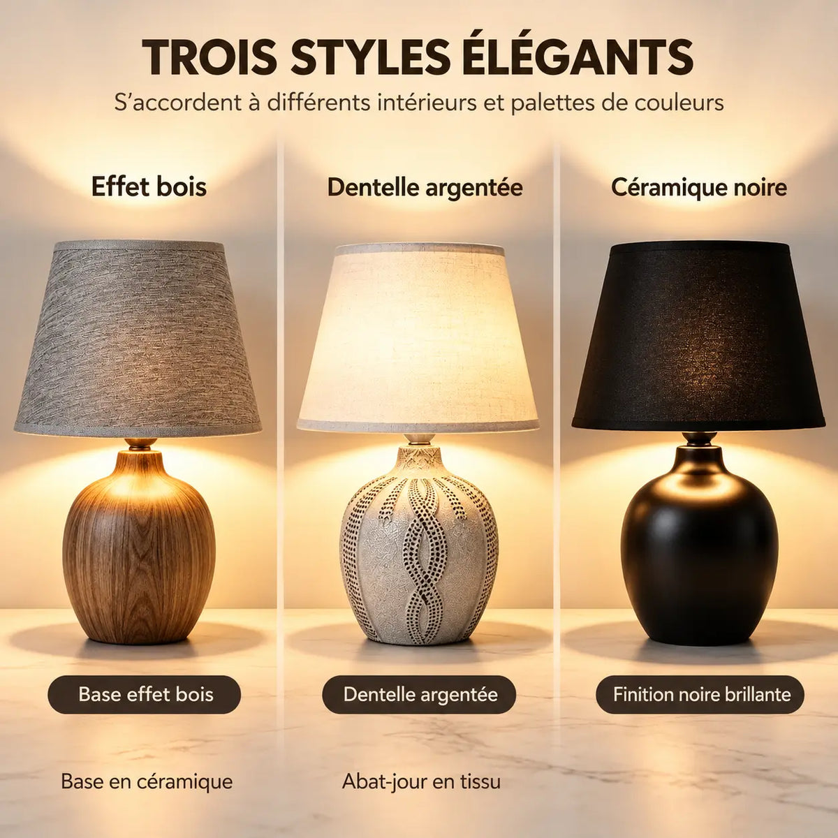 Petite Lampe de Chevet en Céramique Texturée et Abat-jour en Tissu