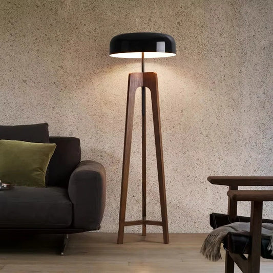 Lampadaire en Bois Massif et Abat-jour Métallique Noir