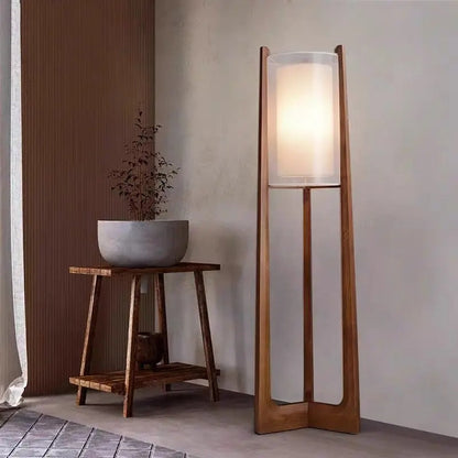 Lampadaire en Bois au Abat-jour Cylindrique Textile