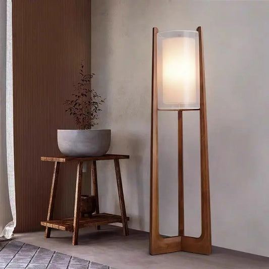 Lampadaire en Bois au Abat-jour Cylindrique Textile