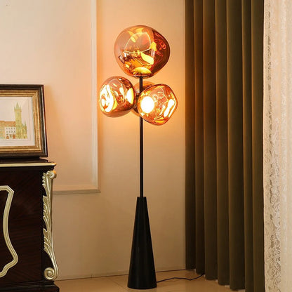 Lampadaire Design Chromé aux Globes en Verre Soufflé