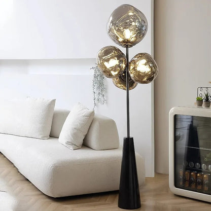 Lampadaire Design Chromé aux Globes en Verre Soufflé