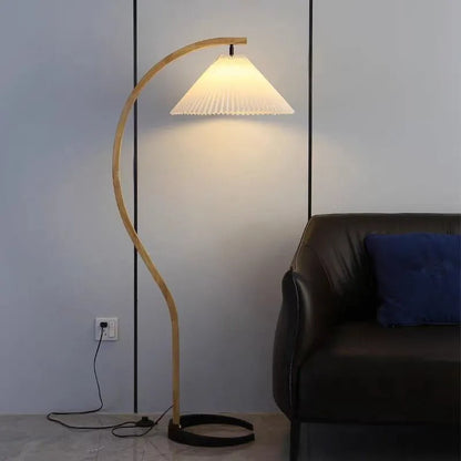Lampadaire de Salon en Bois Massif et Abat-jour Tissu