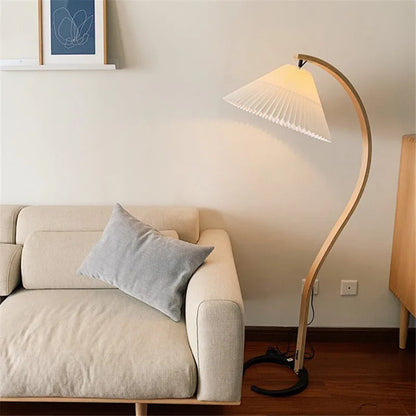 Lampadaire de Salon en Bois Massif et Abat-jour Tissu