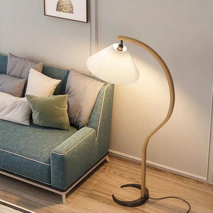 Lampadaire de Salon en Bois Massif et Abat-jour Tissu