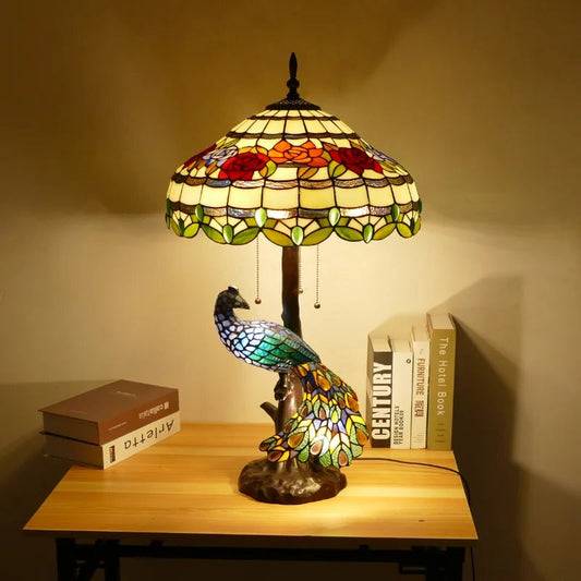 Lampe Tiffany Art Déco Pied Paon en Vitrail