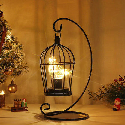 Lampe Cage à Oiseau en Métal Noir – Fonctionne sur Piles