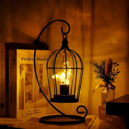 Lampe Cage à Oiseau en Métal Noir – Fonctionne sur Piles