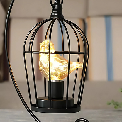 Lampe Cage à Oiseau en Métal Noir – Fonctionne sur Piles