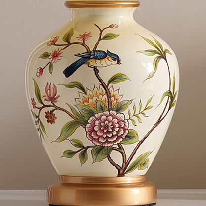 Lampe de chevet céramique à motifs floraux et oiseau