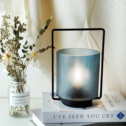 Lampe de Chevet à Piles en Verre Bleu et Métal Noir