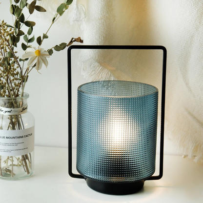Lampe de Chevet à Piles en Verre Bleu et Métal Noir