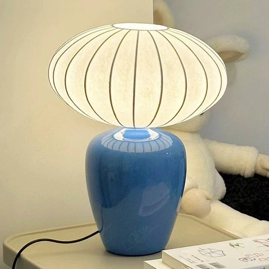 Lampe de Chevet en Céramique Bleue avec Abat-Jour Tissu