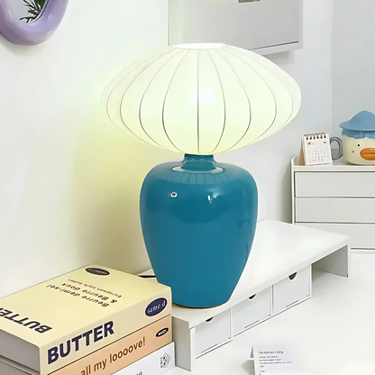 Lampe de Chevet en Céramique Bleue avec Abat-Jour Tissu