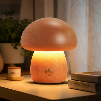 Lampe de Chevet Champignon en Bois avec Variateur Tactile