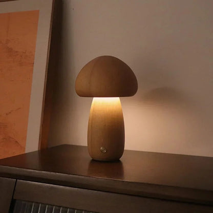 Lampe de Chevet Champignon en Bois avec Variateur Tactile