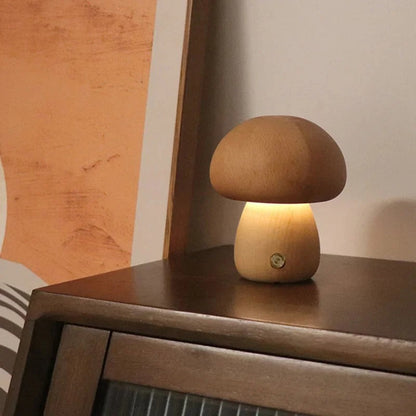 Lampe de Chevet Champignon en Bois avec Variateur Tactile