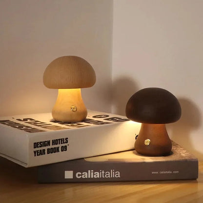 Lampe de Chevet Champignon en Bois avec Variateur Tactile
