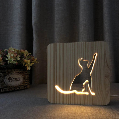 Lampe de Chevet Chat en Bois – Lumière LED Douce