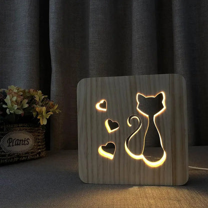 Lampe de Chevet Chat en Bois – Lumière LED Douce