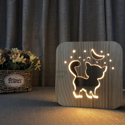 Lampe de Chevet Chat en Bois – Lumière LED Douce