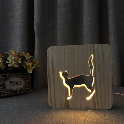 Lampe de Chevet Chat en Bois – Lumière LED Douce