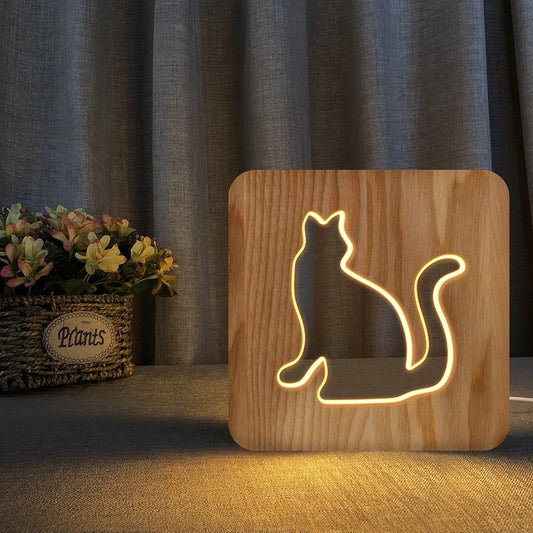 Lampe de Chevet Chat en Bois – Lumière LED Douce