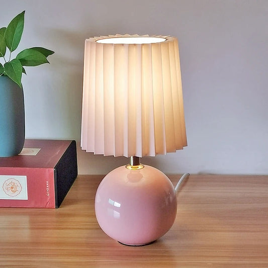 Lampe de Chevet Rose Poudré en Céramique et Abat-Jour Plissé