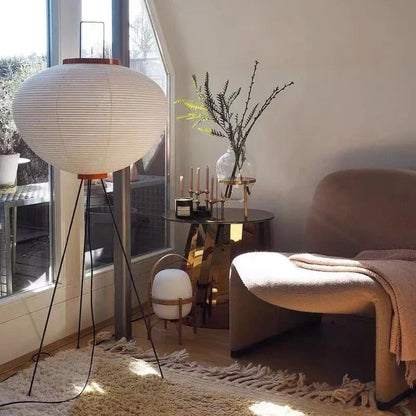 Lampe Japonaise sur Pied en Papier de Riz et Métal