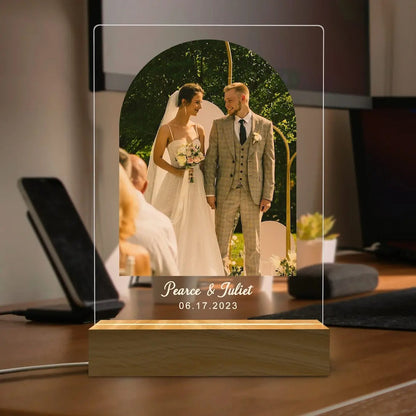 Lampe Photo Personnalisée – Base Bois et Plaque Acrylique