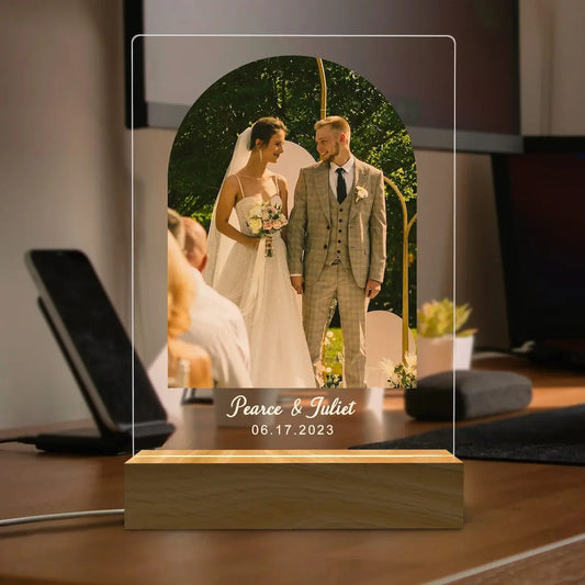 Lampe Photo Personnalisée – Base Bois et Plaque Acrylique