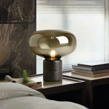 Lampe de chevet pied en marbre et abat-jour en verre