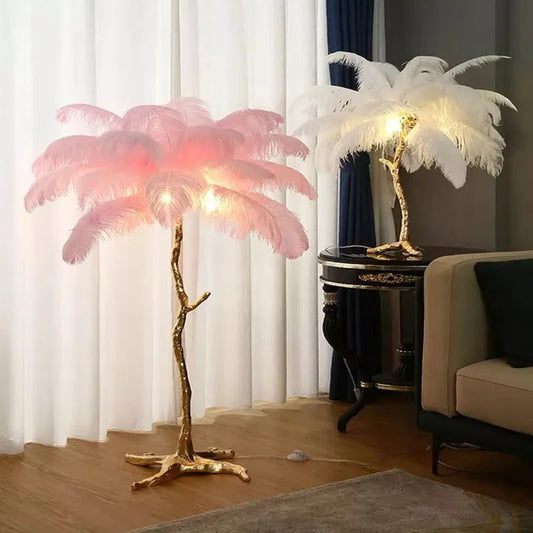 Lampe à Plumes d'Autruche – Pied Doré Décoratif