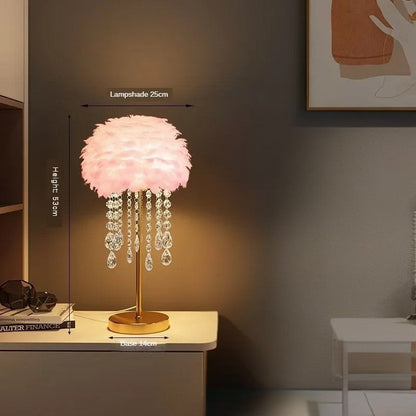 Lampe de chevet plumes et cristaux – Ambiance douce