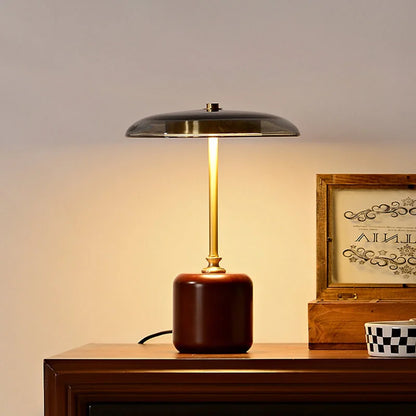 Lampe de chevet rétro en bois, cuivre et verre