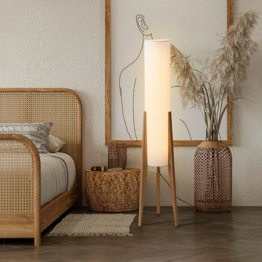 Lampe sur Pied Japonaise en Bois et Tissu