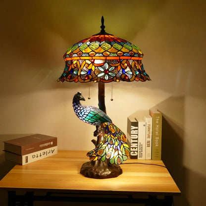Lampe Tiffany Vintage Pied Paon en Verre et Métal