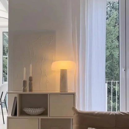Lampe de chevet en travertin naturel et abat-jour en verre