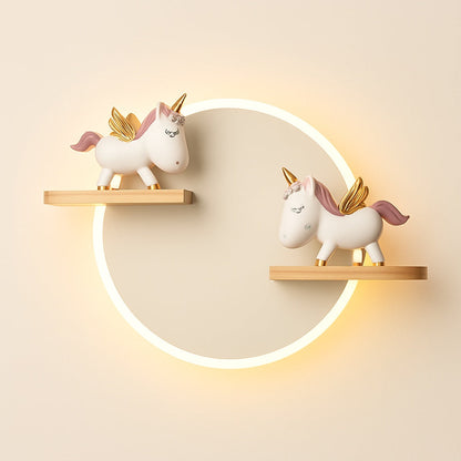 Lampe Licorne de Chevet avec Étagères en Bois