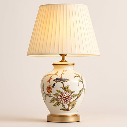 Lampe de chevet céramique à motifs floraux et oiseau